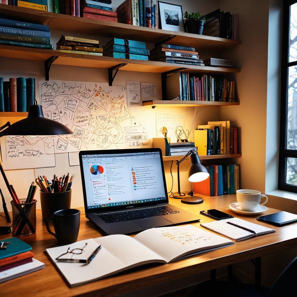 A dynamic workspace filled with innovative tools for content creation, featuring a laptop with a colorful screen depicting creative ideas, a sketchbook with scribbled notes, and a coffee cup steaming beside it. In the background, shelves filled with books and digital devices that symbolize strategy and technology, all under warm ambient lighting to evoke creativity and inspiration. super-realistic. vibrant colors. modern design.