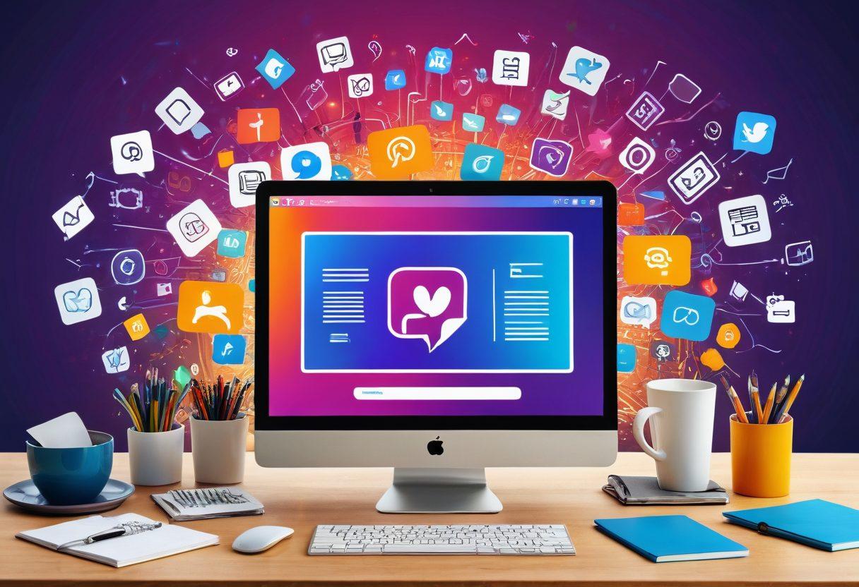 A dynamic digital workspace showcasing diverse content creation tools: laptops, tablets, and smartphones surrounded by vibrant graphics of social media icons, digital publishing platforms, and creative brainstorming notes scattered around. A person (diverse background) at the center animatedly engaging with the technology, radiating creativity and innovation. Bright colors and a sense of movement emphasize the online publishing theme. super-realistic. vibrant colors. 3D.