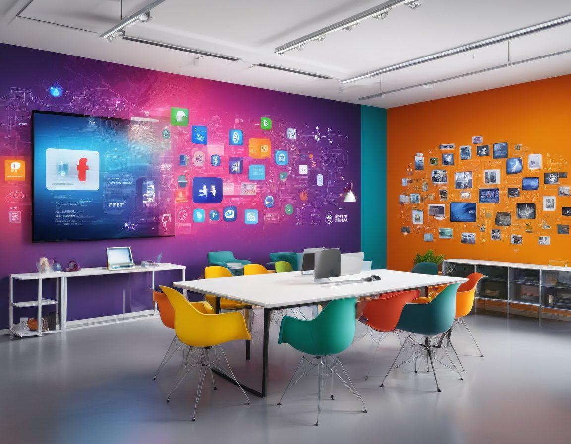 A modern digital workspace featuring a diverse team discussing media strategies around a large screen displaying social media analytics and branding visuals. Vibrant icons of various social media platforms float around, symbolizing engagement. The atmosphere is dynamic and creative, with bright colors and inspirational quotes on the walls, showcasing collaboration in the digital age. super-realistic. vibrant colors. modern design.